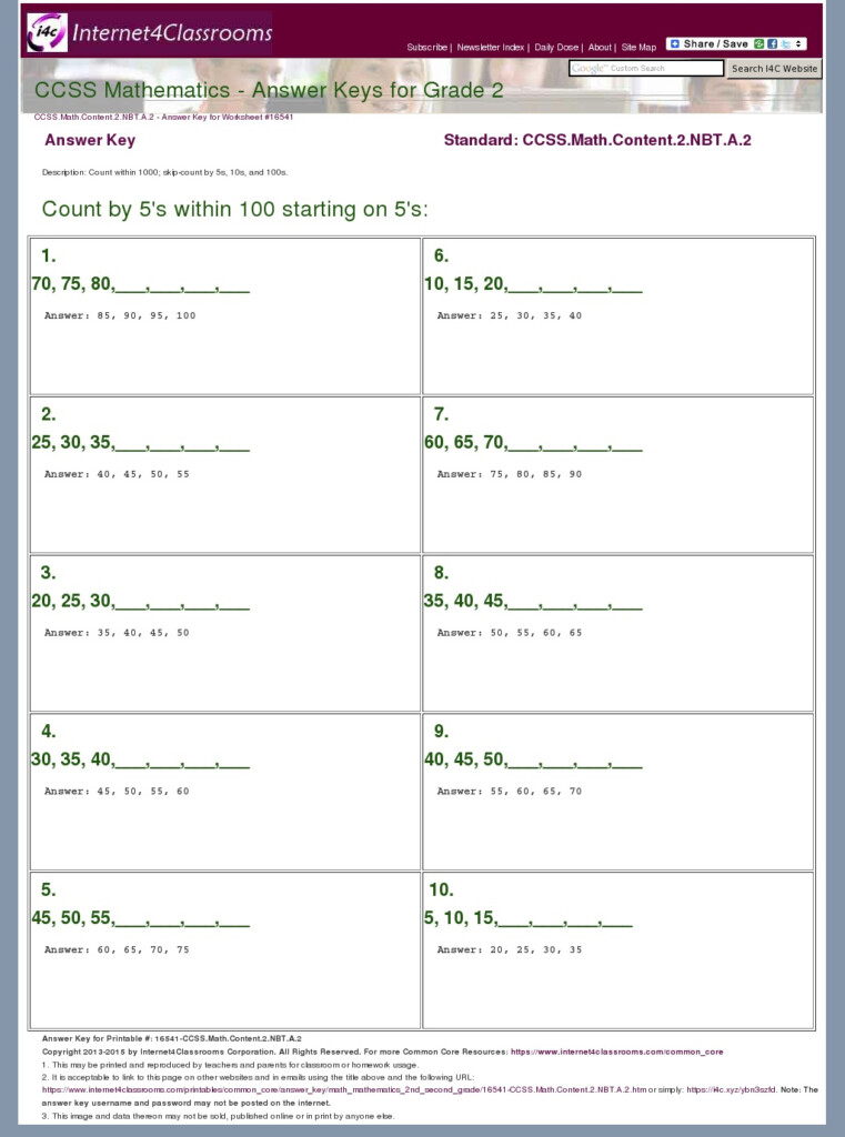 Answer Key Download Worksheet 16541 CCSS Math Content 2 NBT A 2