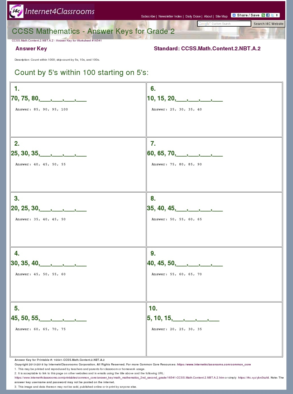 Answer Key Download Worksheet 16541 CCSS Math Content 2 NBT A 2