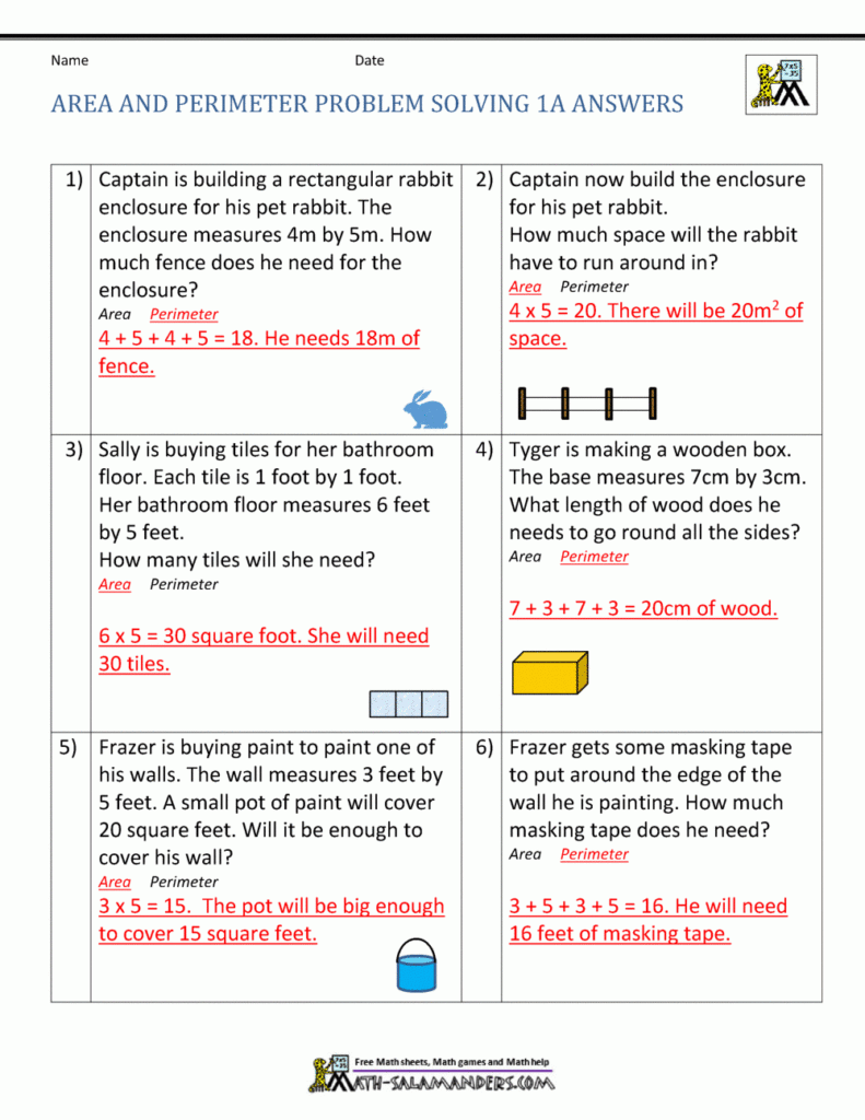 Area And Perimeter Problem Solving 1A Answers Area Worksheets 4th 