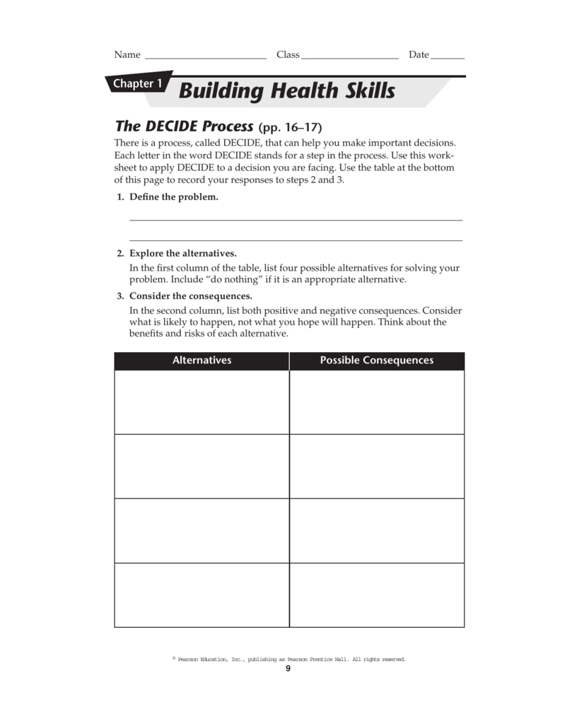 Chapter 2 Lesson 1 Building Health Skills Worksheet Answers PicsHealth