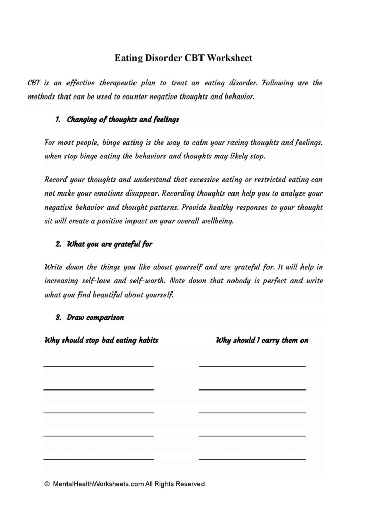 Eating Disorder CBT Worksheet Mental Health Worksheets