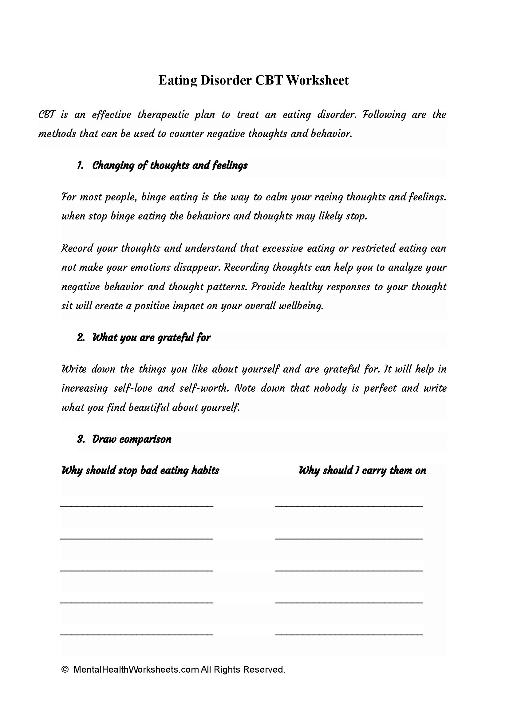 Eating Disorder CBT Worksheet Mental Health Worksheets