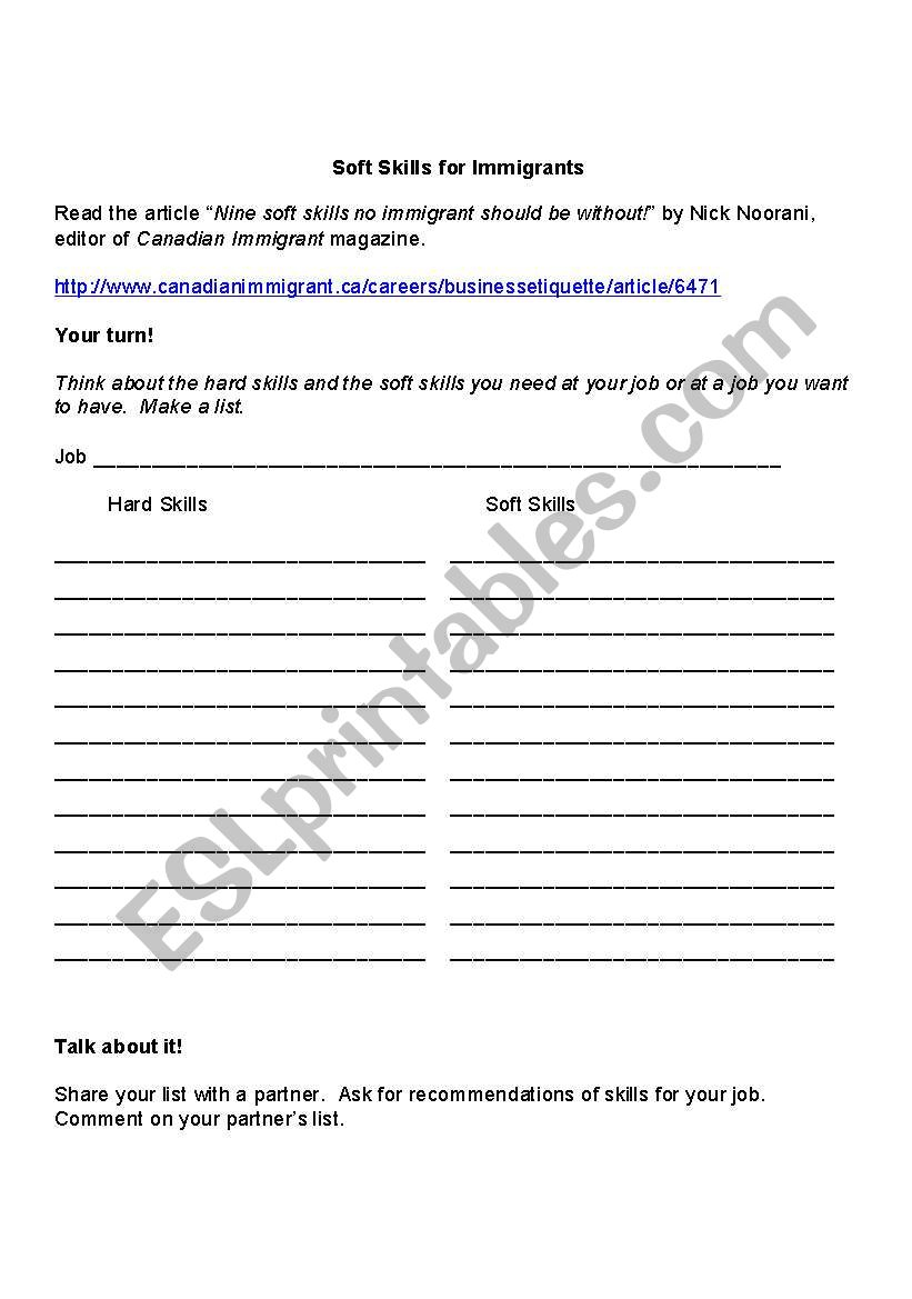 English Worksheets Soft Skills For Immigrants