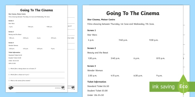 Functional Skills English Level 1 Going To The Cinema Activity