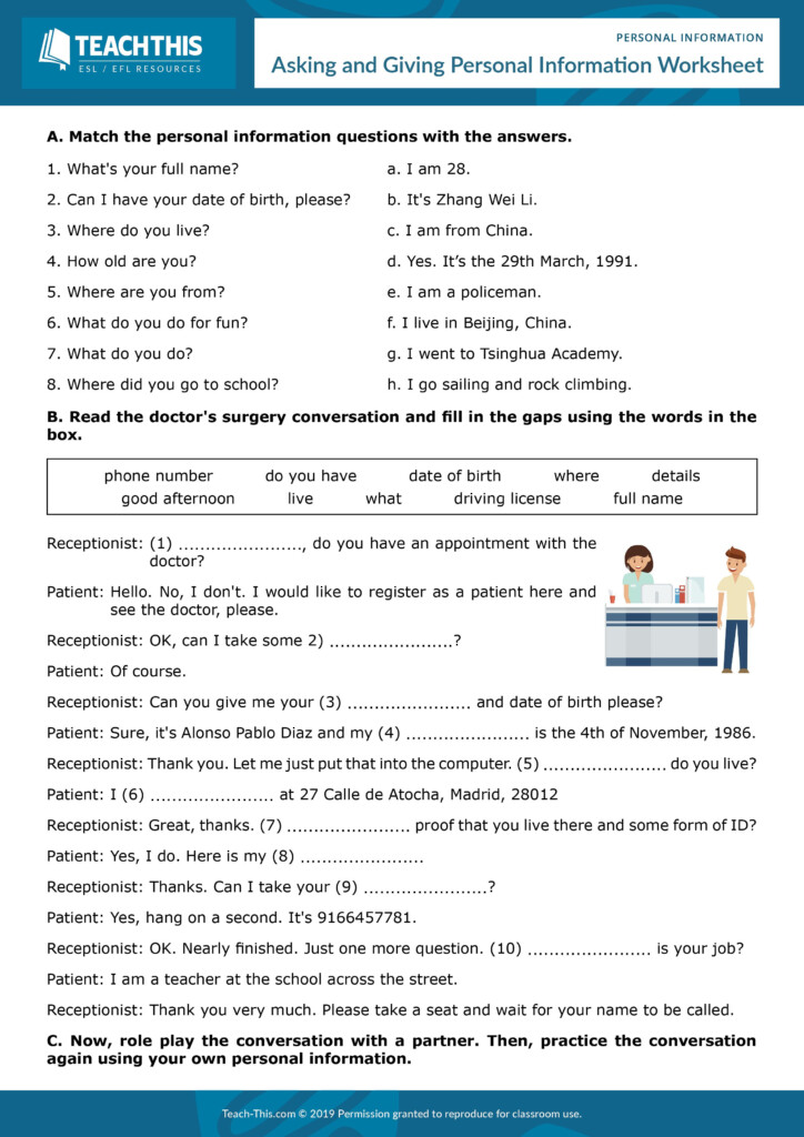 Giving Personal Information In 2020 Esl Reading Comprehension 