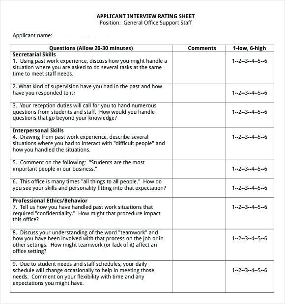 Interview Score Sheet Samples Word Excel Pages Questions Template Job 