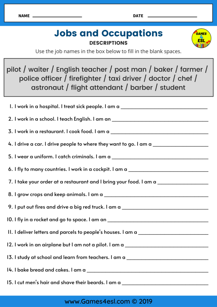 Job Descriptions ESL Worksheet For Beginners Esl Worksheets For 