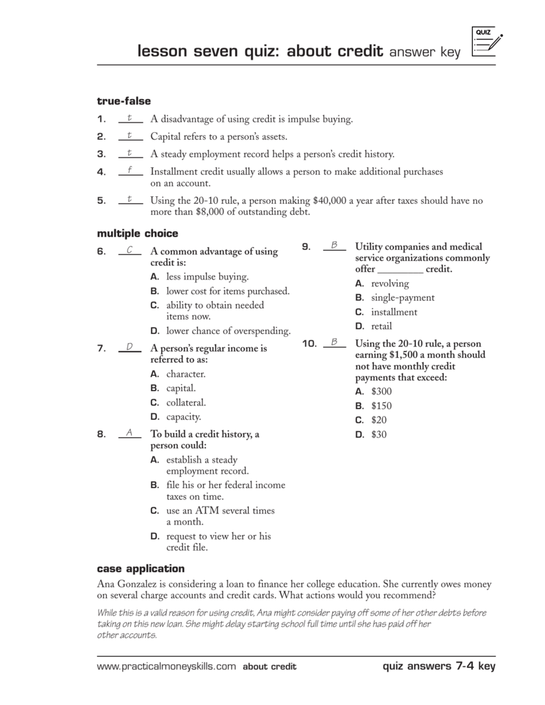 Lesson Seven Quiz Practical Money Skills