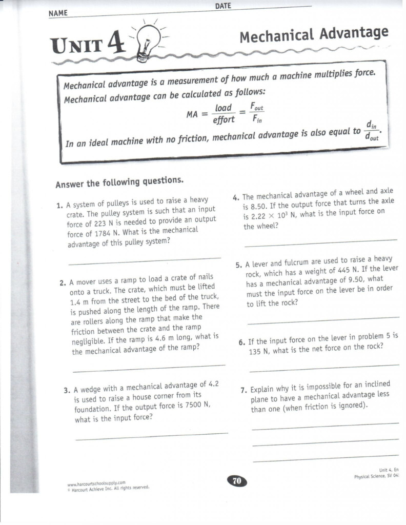 Mechanical Advantage And Efficiency Worksheet Answer Key Physical 
