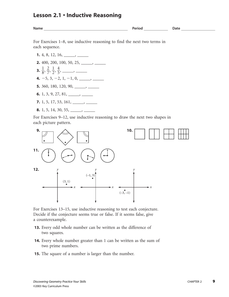 Patterns And Inductive Reasoning Worksheet And Answers 