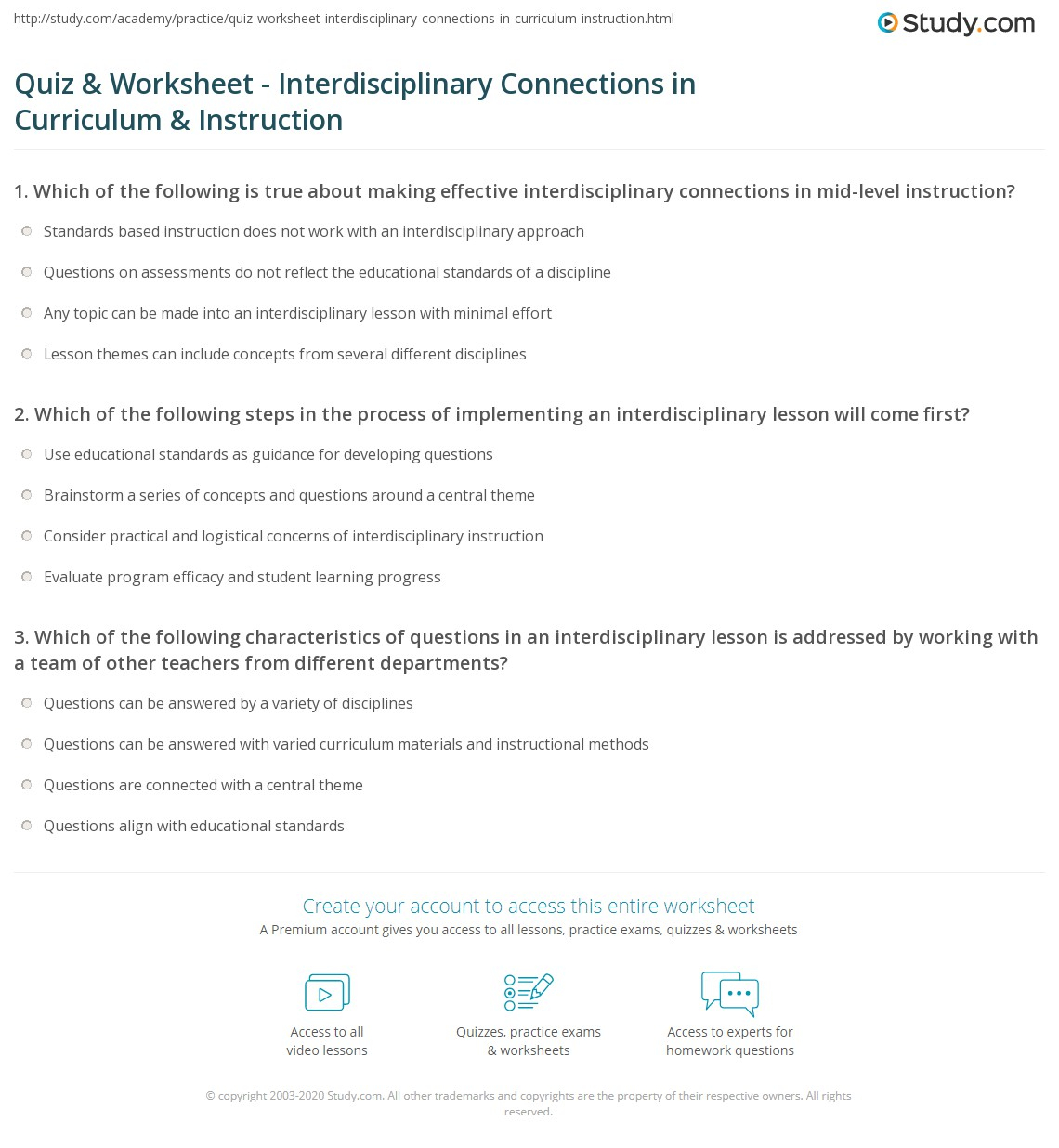 Quiz Worksheet Interdisciplinary Connections In Curriculum