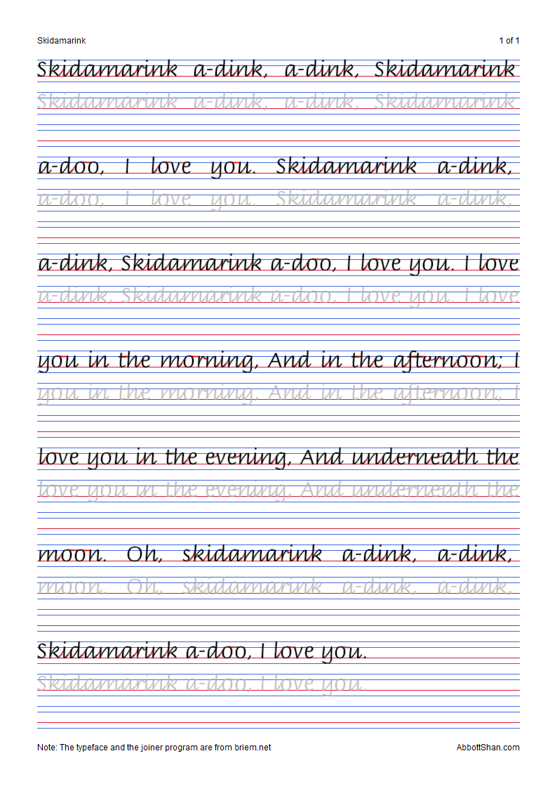 Skidamarink s Italic Handwriting Worksheets Multiple Sizes Are