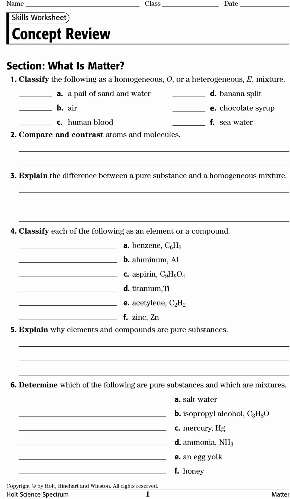 Skills Worksheet Concept Review Answer Key Holt Chemistry Studiodesign84