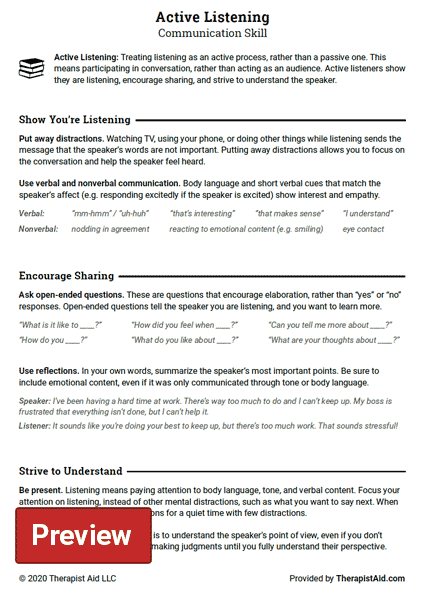 Active Listening Communication Skill Worksheet Therapist Aid