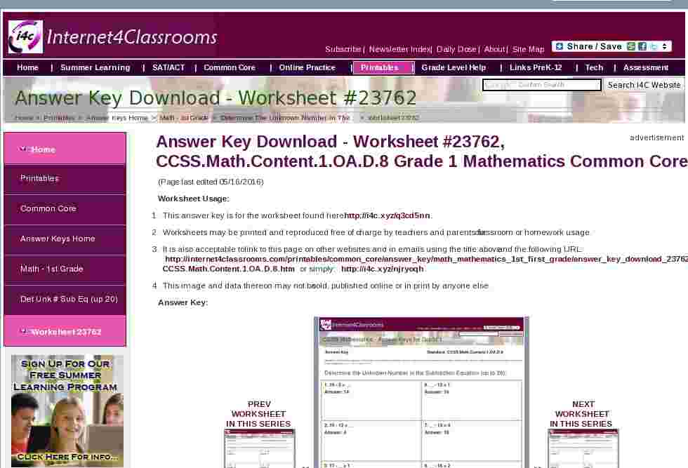 Answer Key Download Worksheet 23762 CCSS Math Content 1 OA D 8