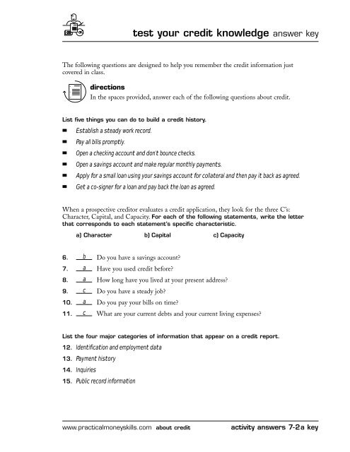 Credit Basics Worksheet Answer Key Promotiontablecovers
