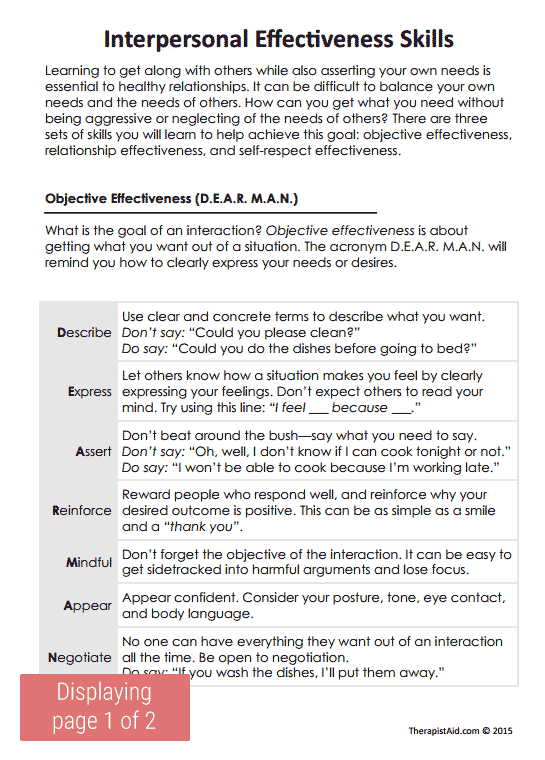 DBT Interpersonal Effectiveness Skills Worksheet Therapist Aid