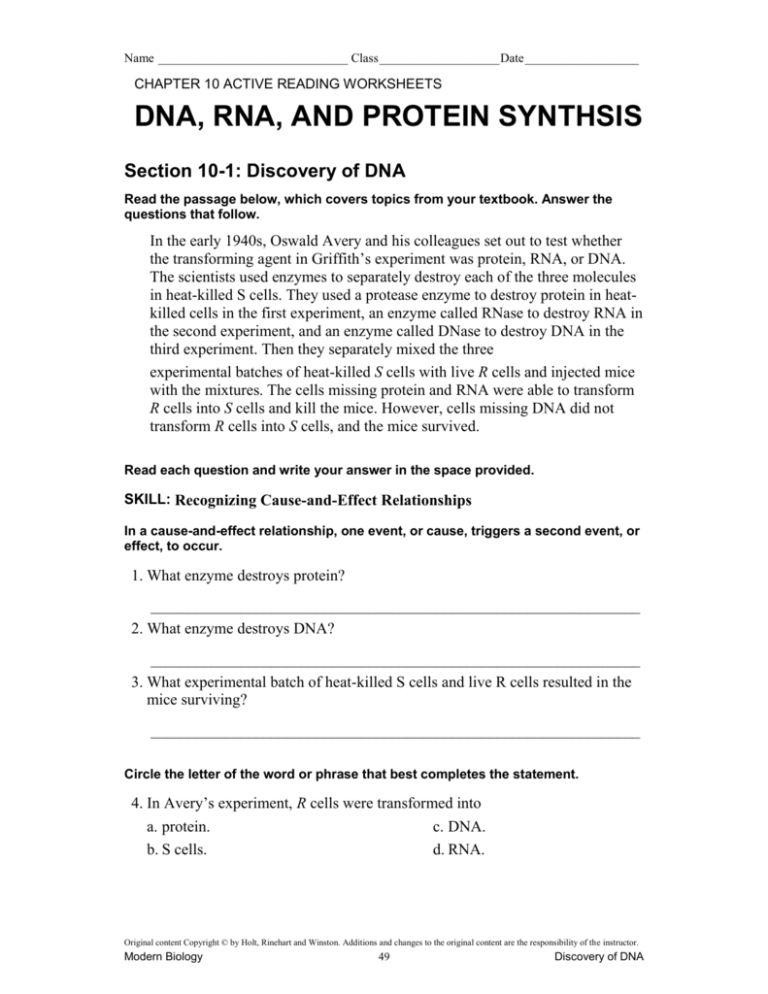 Directed Reading Worksheet With Answer Key Holt Biology Law Worksheet