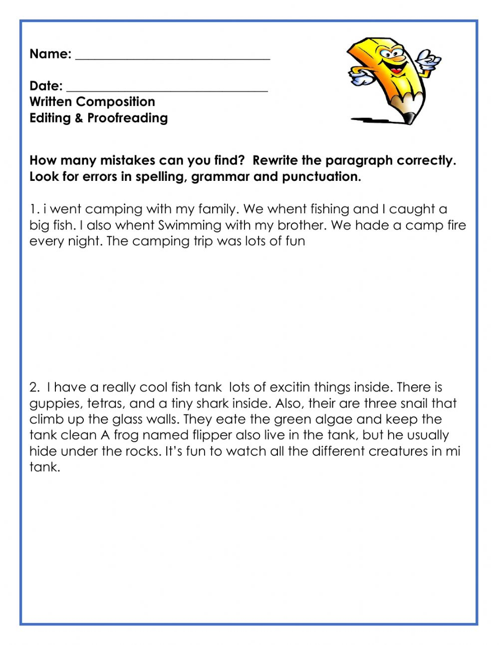 Editing Proofreading Worksheet