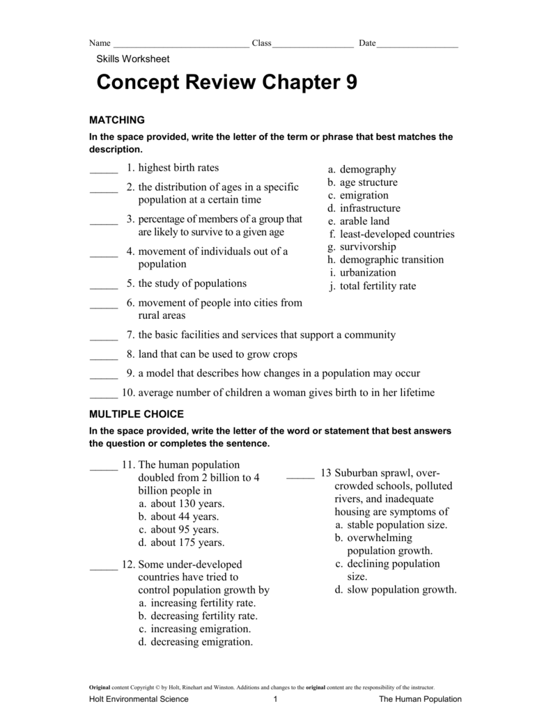 Environmental Science Chapter 9 Worksheet