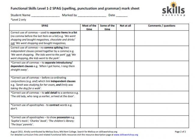 Functional Skills Level 1 2 SPAG spelling Punctuation And Grammar