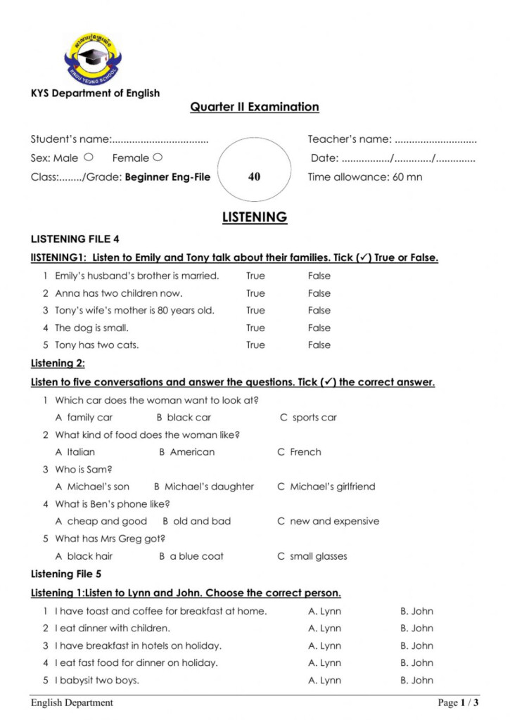 Grade3 English File Listening Test Worksheet
