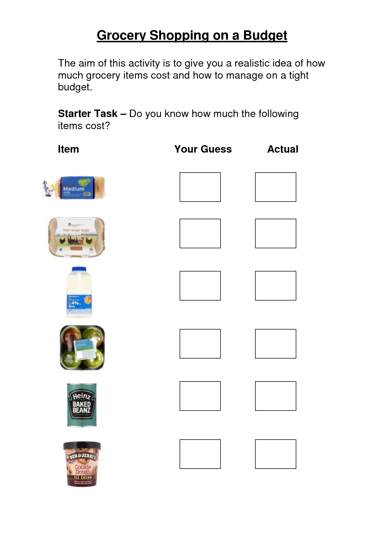Grocery Shopping On A Budget Worksheet Money Math Worksheets