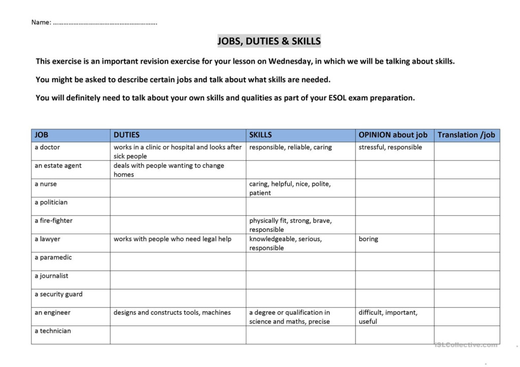 Jobs Duties And Skills English Esl Worksheets Db excel