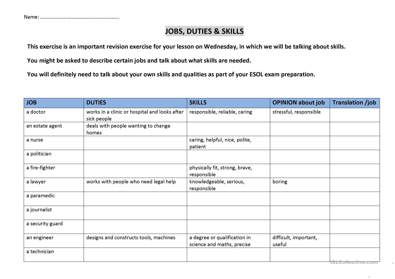Jobs Duties And Skills English Esl Worksheets Db excel