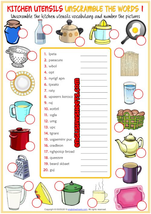 Kitchen Utensils ESL Unscramble The Words Worksheets Kitchen Utensils