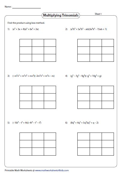 Multiply The Trinomials Using The Box Method Printable Math