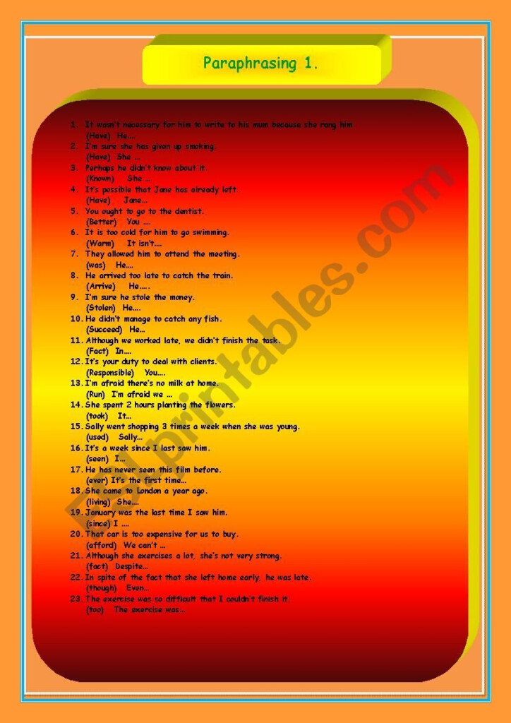 Paraphrasing 1 ESL Worksheet By Herika69 Paraphrase Grammar 