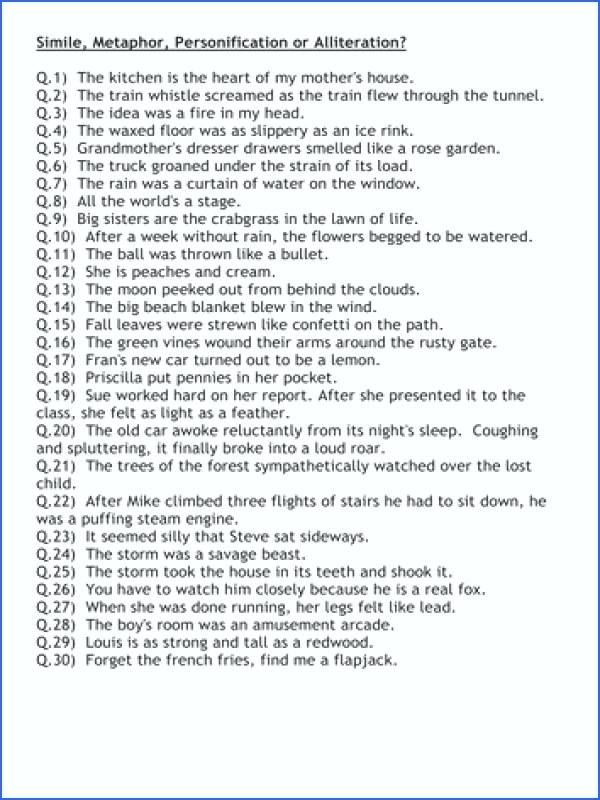 Personification Worksheets 6th Grade Pdf For Figurative Language Simile