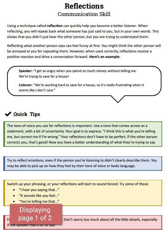 Reflections Communication Skill Worksheet Therapist Aid Family