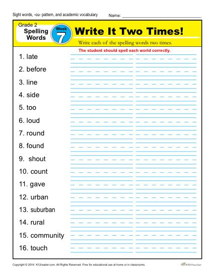 Second Grade Spelling Words List Week 7 K12reader