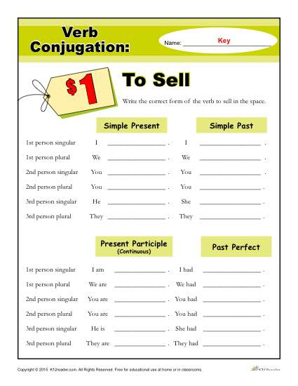 To Sell Verb Conjugation Worksheets 2nd 5th Grade