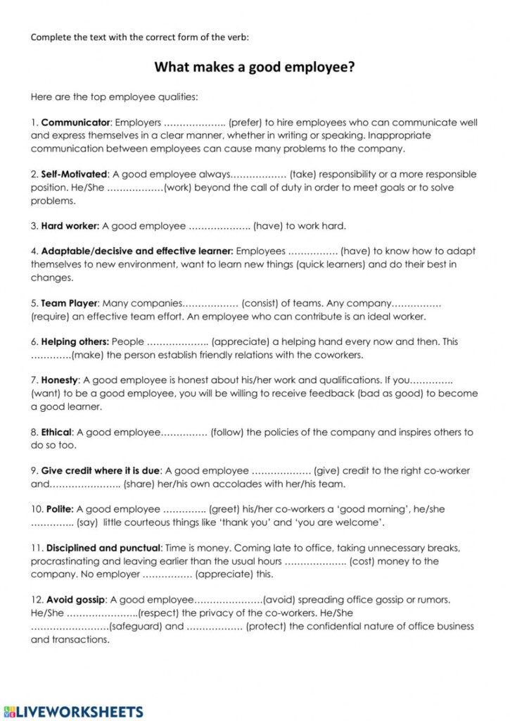 What Makes A Good Employee Worksheet