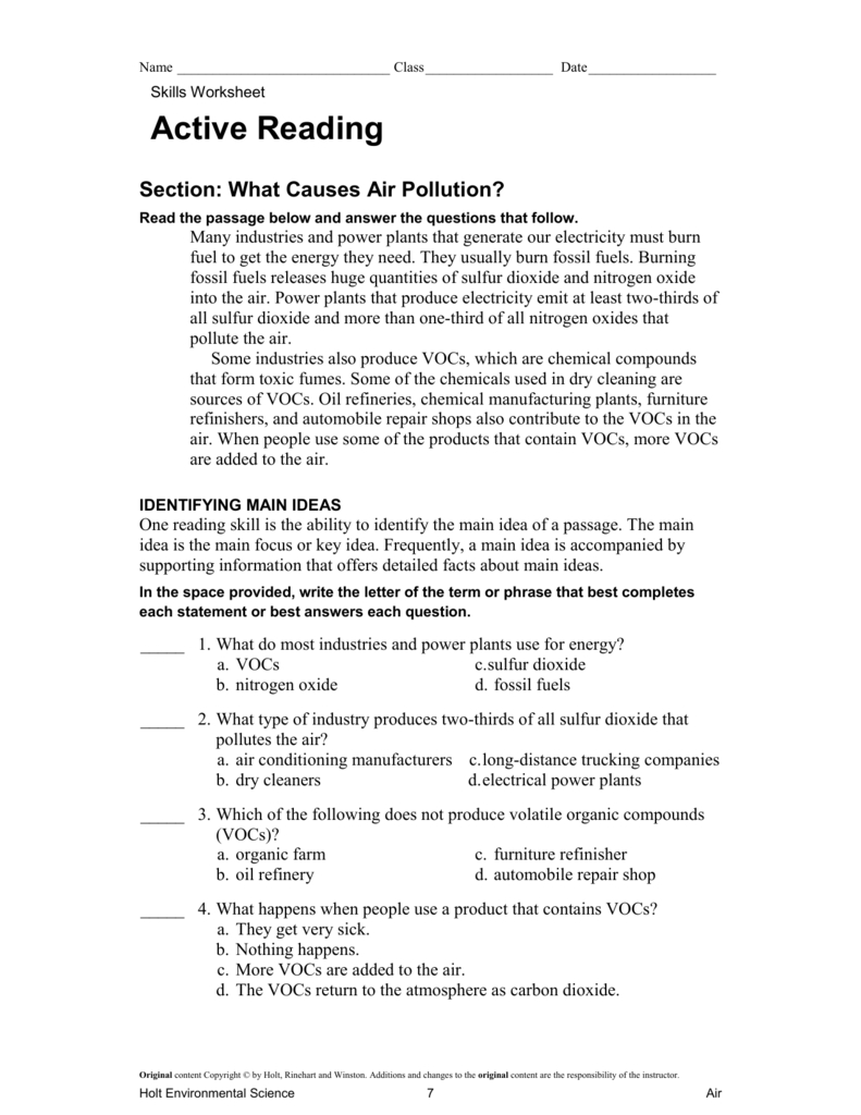 23 Holt Environmental Science Skills Worksheet Active Reading Answer