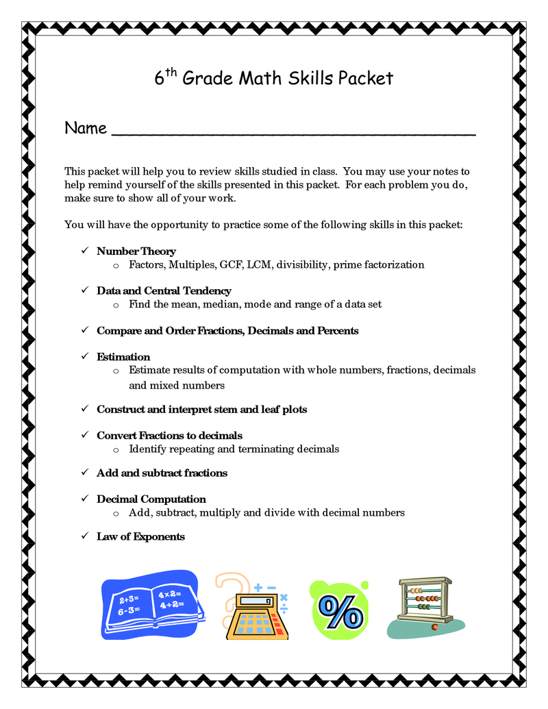 6th Grade Math Skills Packet BetterLesson 6th Grade Worksheets