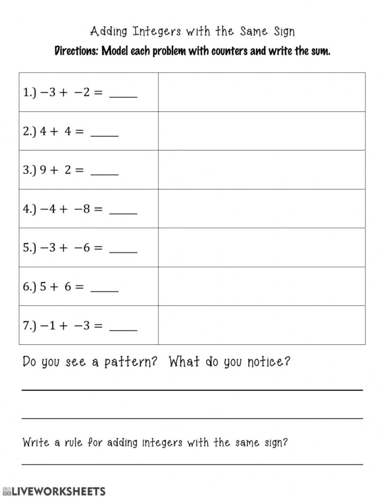 Adding Integers Worksheet Pdf