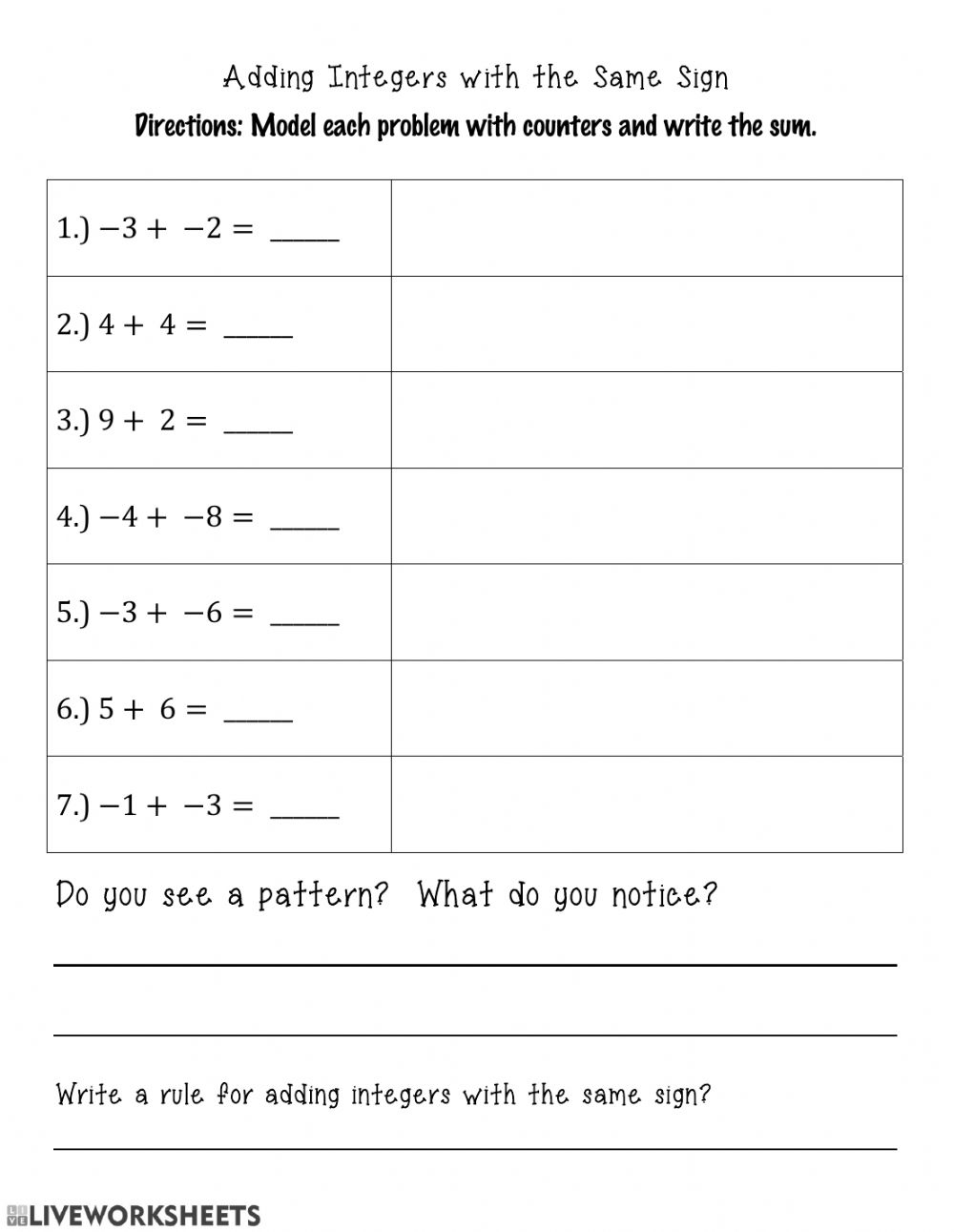 Adding Integers Worksheet Pdf