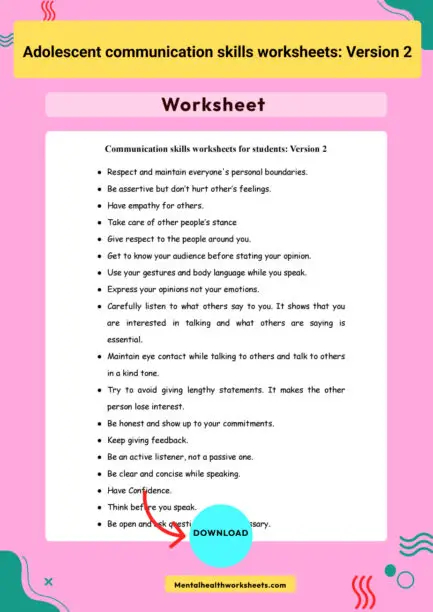 Adolescent Communication Skills Worksheets Version 2 Mental Health 