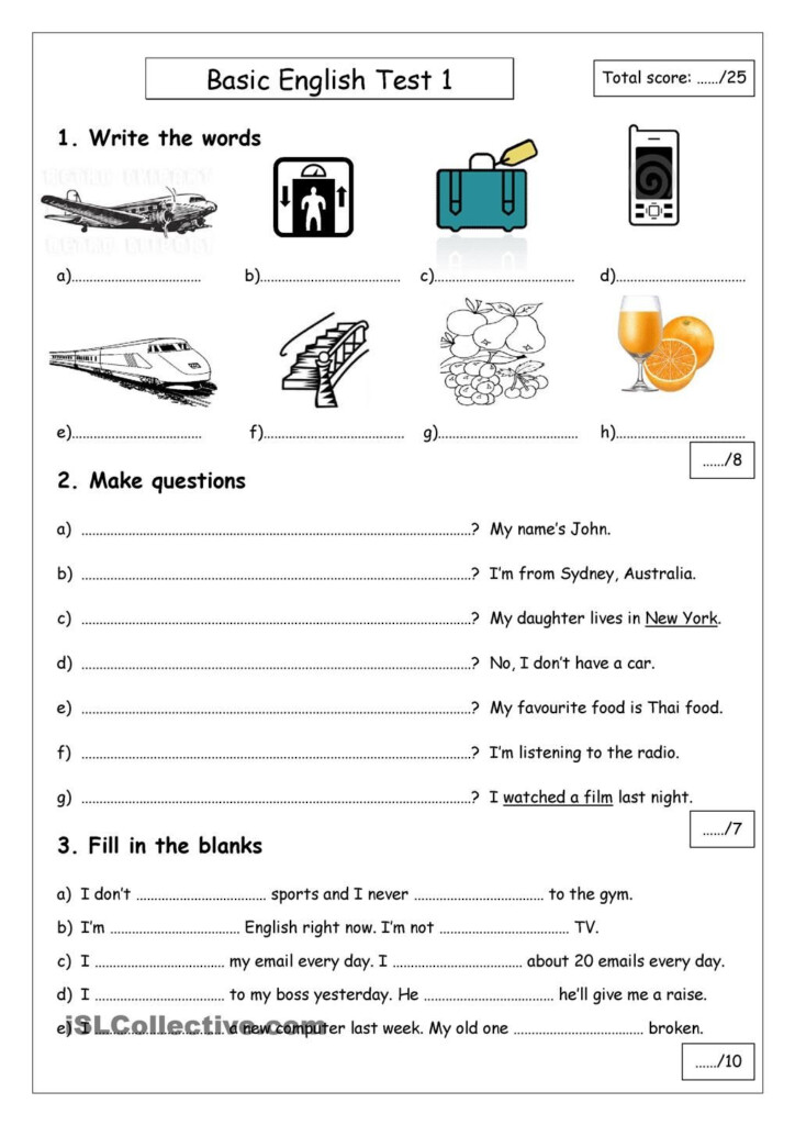 Basic English Test 1 English For Beginners English Test English 