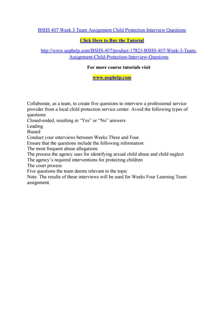 Bshs 407 Week 3 Team Assignment Child Protection Interview Questions By 