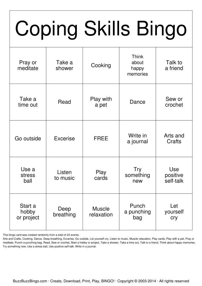 Coping Skills Bingo Cards To Download Print And Customize Coping 