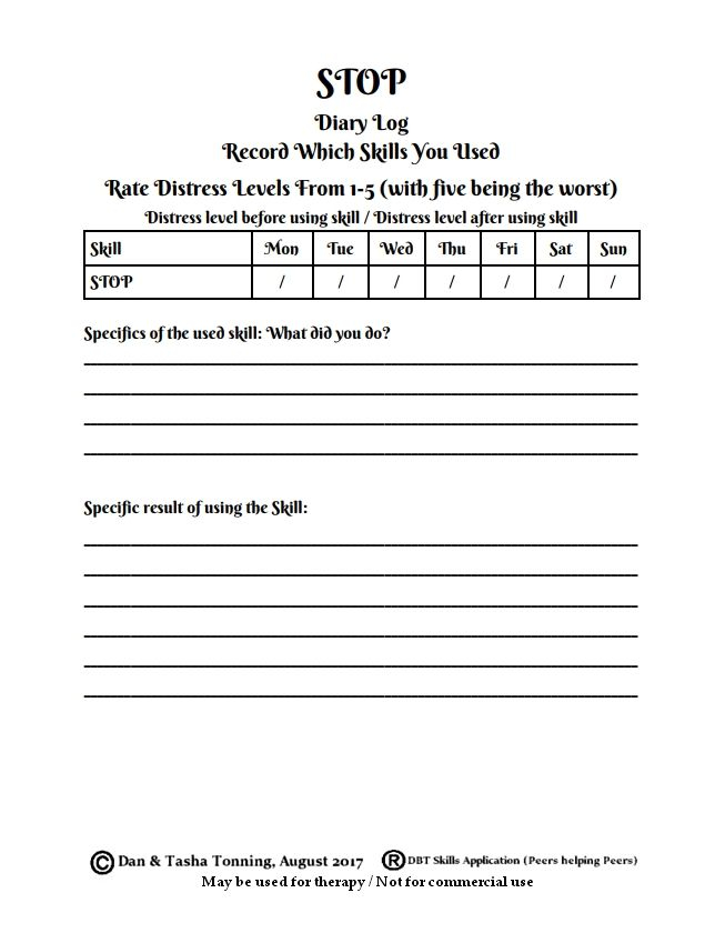 DBT STOP SKILLS DIARY Worksheet For Https www facebook groups