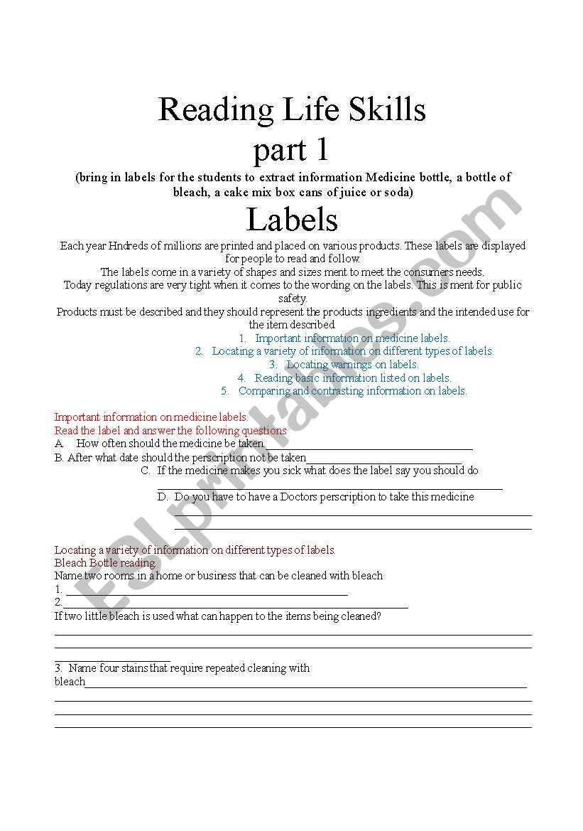 English Worksheets Reading Life Skills