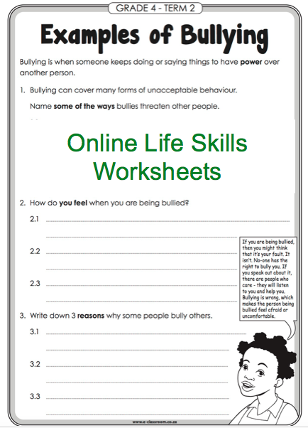 Grade 4 Online Life Skills Worksheet Bullying For More Worksheets 