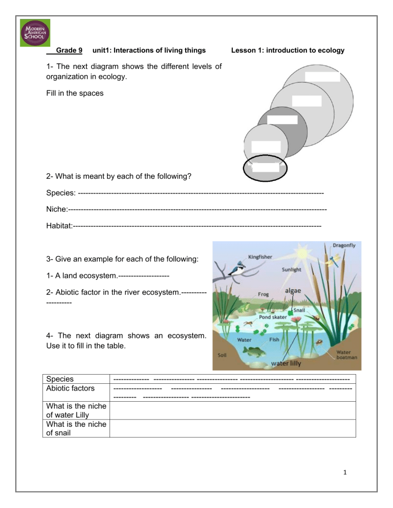 Grade 9 Unit 1 Introduction To Ecology Worksheet