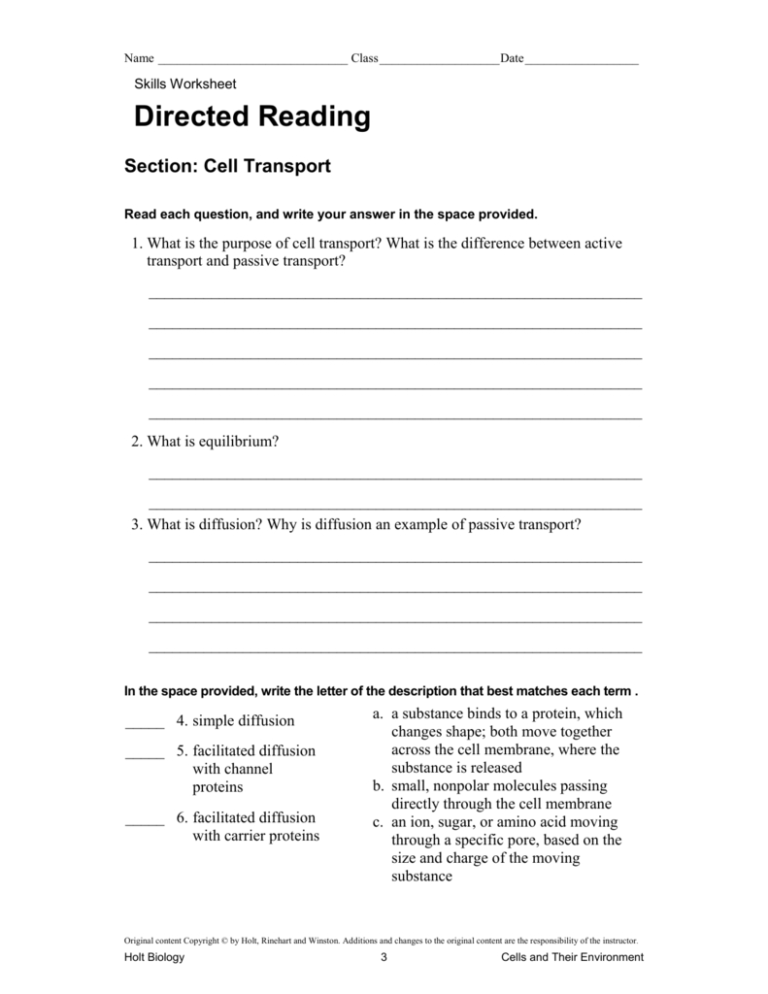 Holt Biology Cells And Their Environment Skills Worksheet Answers Db 